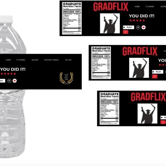 Gradflix Graduation-Themed Custom Water Bottle Labels, Silhouette Design 12pcs - Picture 2 of 4